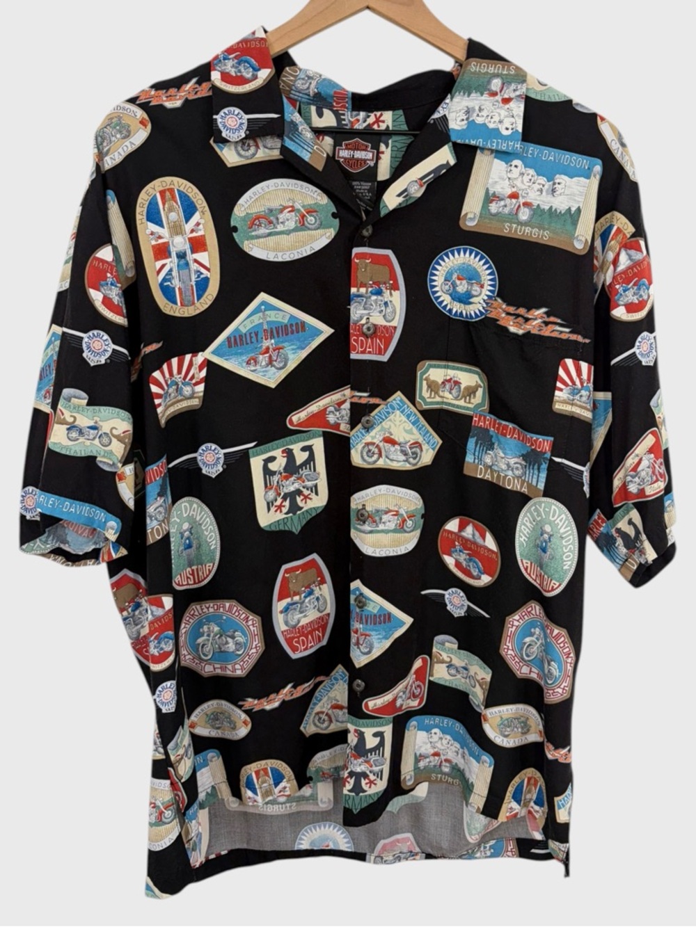 Harley Davidson Multicolor Travel Passport Stamp Hawaiian Button Down Shirt